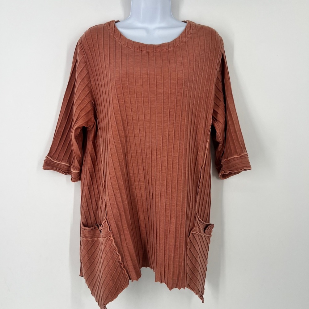 Focus Casual Life Women Size Medium Ribbed Asymmetrical‎ Tunic Top Rust Cotton